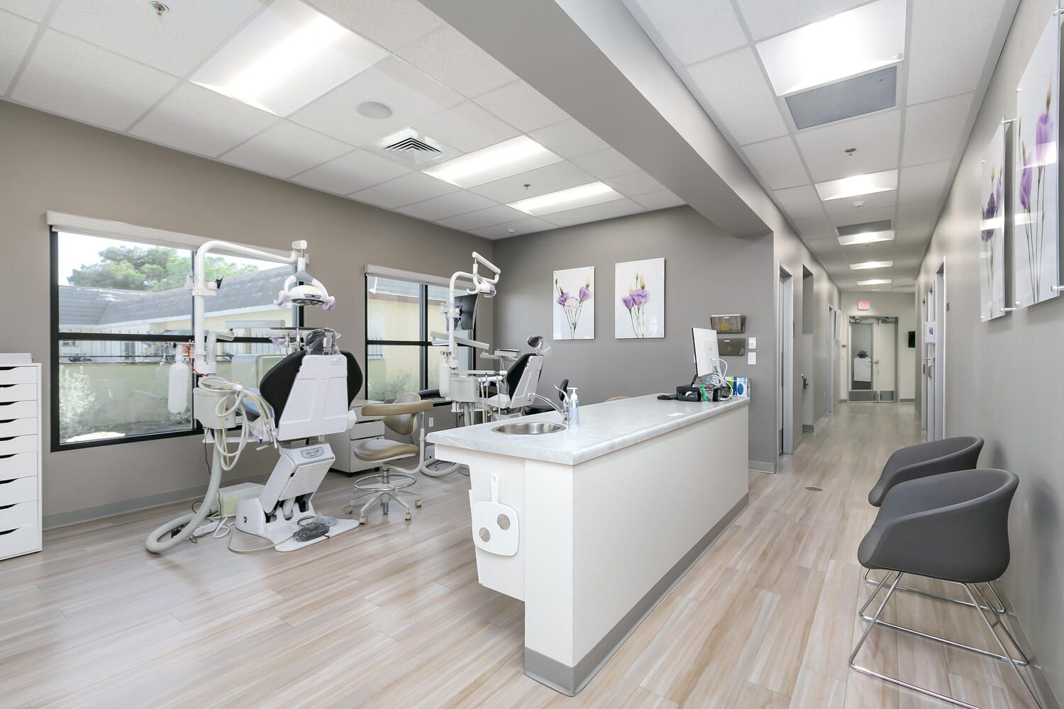 Dental office with modern equipment and decor.